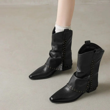 Xajzpa New Style Luxury Women's Cowgirl Boots Fashion Slip on Ladies Elegant Square Heel Long Pipe Boots Shoes Retro Zapatos Mujer
